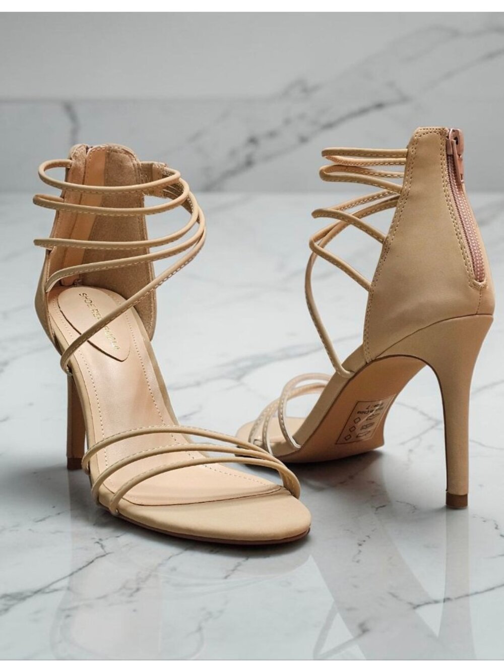 Strappy Natural Heeled Sandals With Zipper Back Closure Stiletto Heel Elegant De - Picture 4 of 12